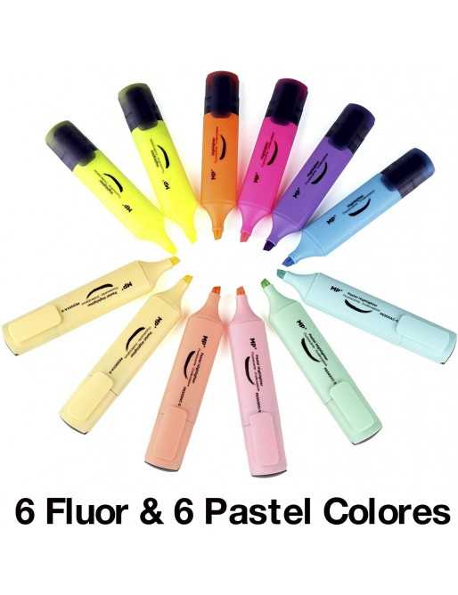 Subrayadores color pastel y fluorescentes, puntas biseladas y muy duraderos - estuche 12 marcadores multicolor