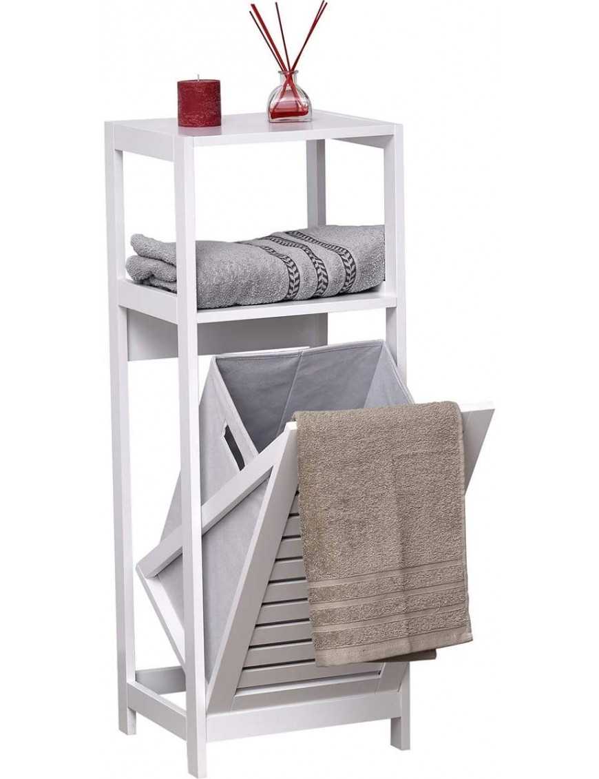 Mueble de madera blanco con cesto para ropa sucia.