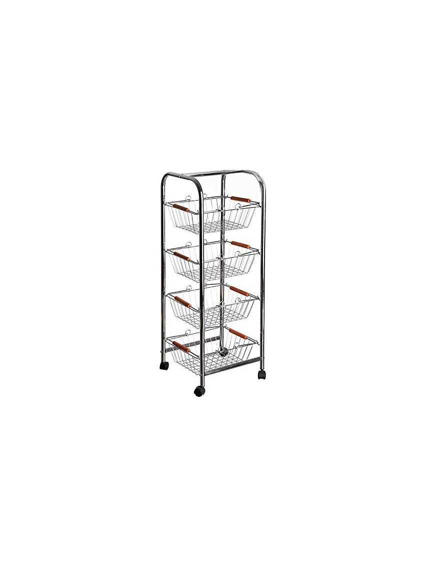 H HANSEL HOME Carro verdulero de Metal Plateado 27,50 X 26 X 78 CM con 4 Cesta extraibles, con Asas y Mango de Madera