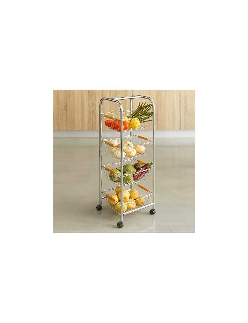 H HANSEL HOME Carro verdulero de Metal Plateado 27,50 X 26 X 78 CM con 4 Cesta extraibles, con Asas y Mango de Madera