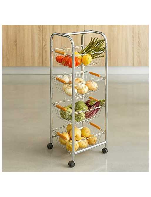 H HANSEL HOME Carro verdulero de Metal Plateado 27,50 X 26 X 78 CM con 4 Cesta extraibles, con Asas y Mango de Madera