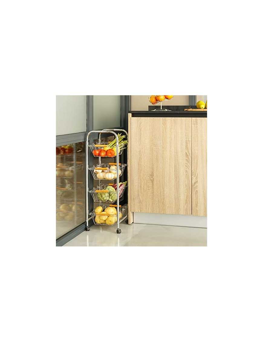 H HANSEL HOME Carro verdulero de Metal Plateado 27,50 X 26 X 78 CM con 4 Cesta extraibles, con Asas y Mango de Madera