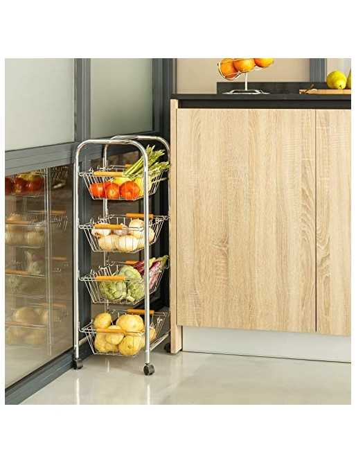 H HANSEL HOME Carro verdulero de Metal Plateado 27,50 X 26 X 78 CM con 4 Cesta extraibles, con Asas y Mango de Madera