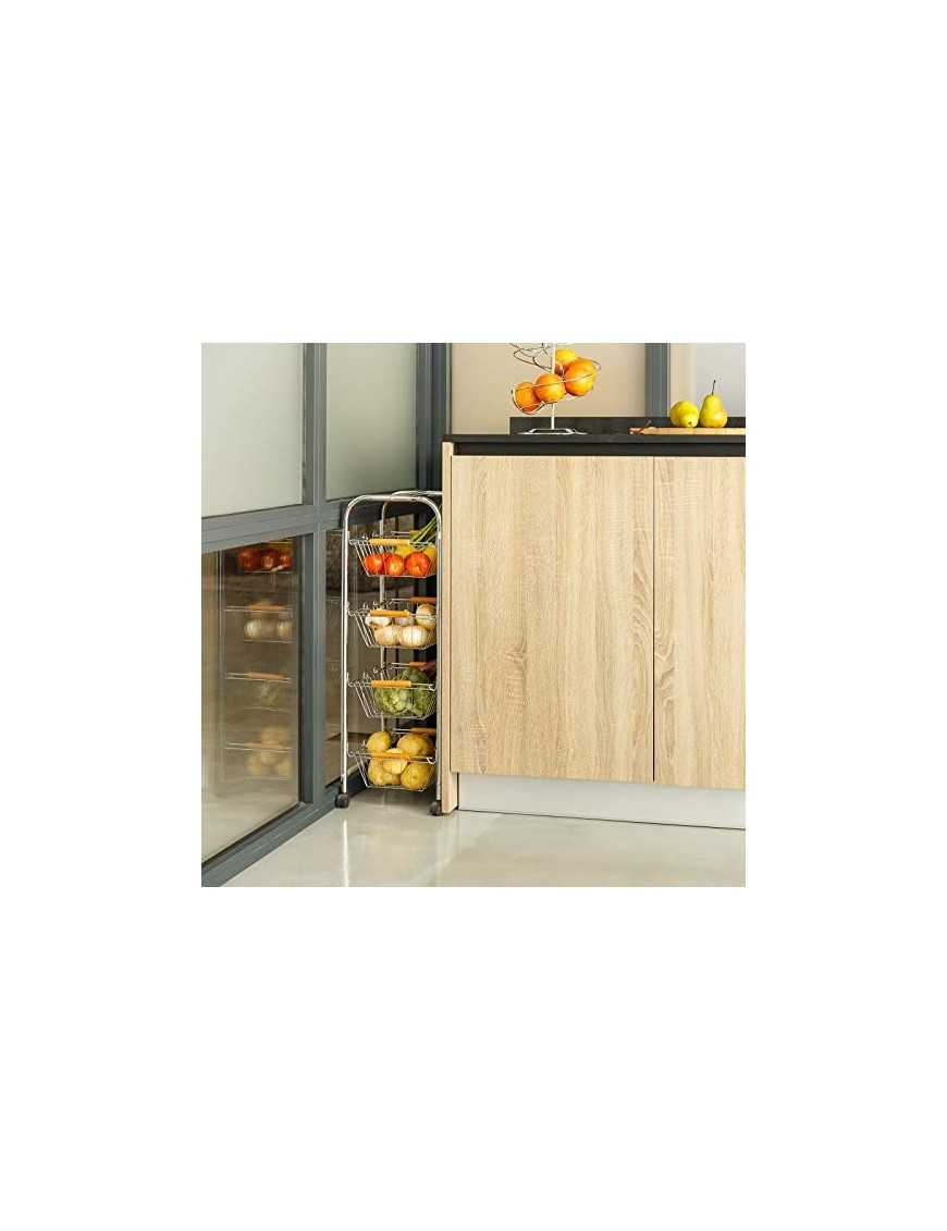 H HANSEL HOME Carro verdulero de Metal Plateado 27,50 X 26 X 78 CM con 4 Cesta extraibles, con Asas y Mango de Madera