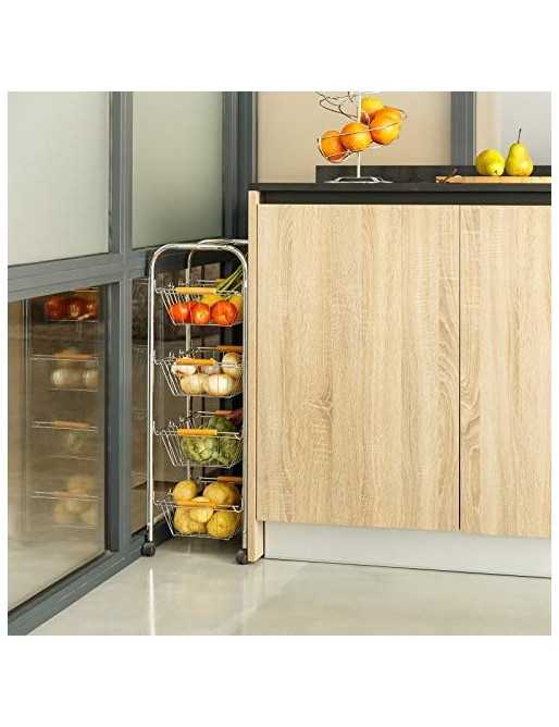 H HANSEL HOME Carro verdulero de Metal Plateado 27,50 X 26 X 78 CM con 4 Cesta extraibles, con Asas y Mango de Madera