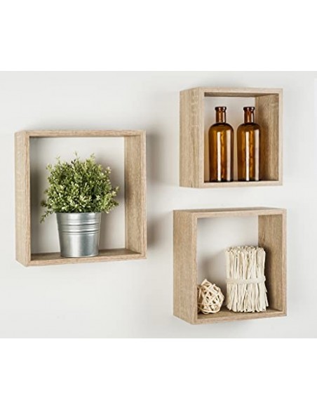 Conjunto 3 Estanterías para Pared Color Roble Blanco Forma Cubo Estantes Pared Decorativo 30/27/24cm