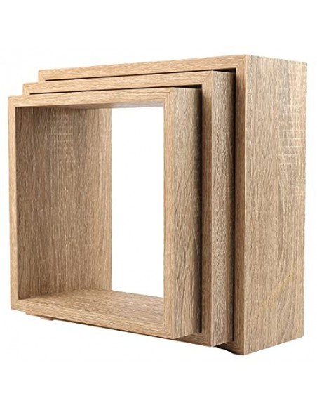 Conjunto 3 Estanterías para Pared Color Roble Blanco Forma Cubo Estantes Pared Decorativo 30/27/24cm