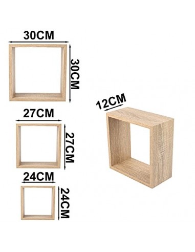 Conjunto 3 Estanterías para Pared Color Roble Blanco Forma Cubo Estantes Pared Decorativo 30/27/24cm