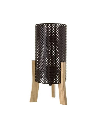 Lámpara de mesita de noche cilíndrica nórdica de metal y madera negro de 29x14x14 cm