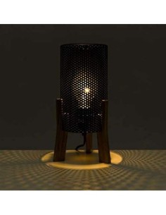 Lámpara de mesita de noche cilíndrica nórdica de metal y madera negro de 29x14x14 cm 2