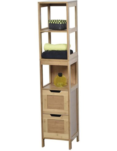 GLACER Armario alto de baño, armario de almacenamiento de piso de madera  con tres estantes abiertos y dos cajones, equipado con accesorios  anticaída