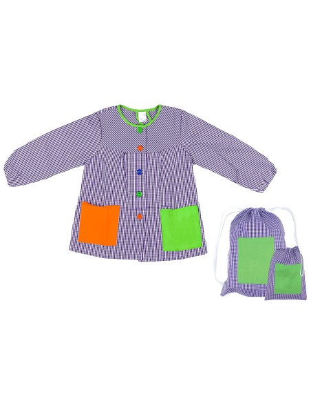 Bata Escolar Infantil, Baby Infantil de Cuadros Pequeños + Bolsa y Mochila Escolar para Llevar Fiambreras