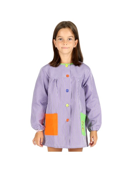 Bata Escolar Infantil, Baby Infantil de Cuadros Pequeños + Bolsa y Mochila Escolar para Llevar Fiambreras