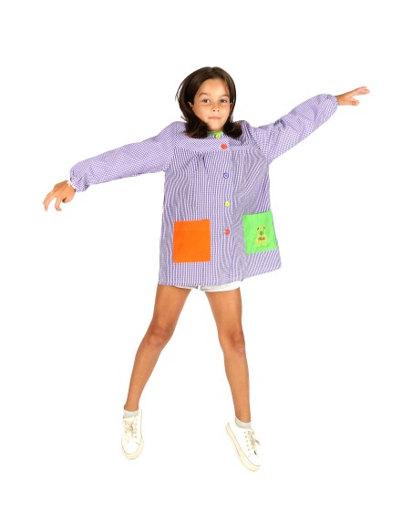 Bata Escolar Infantil, Baby Infantil de Cuadros Pequeños + Bolsa y Mochila Escolar para Llevar Fiambreras