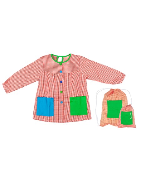 Bata Escolar Infantil, Baby Infantil de Cuadros Pequeños + Bolsa y Mochila Escolar para Llevar Fiambreras