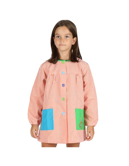 Bata Escolar Infantil, Baby Infantil de Cuadros Pequeños + Bolsa y Mochila Escolar para Llevar Fiambreras