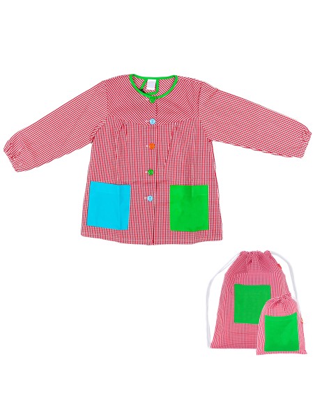 Bata Escolar Infantil, Baby Infantil de Cuadros Pequeños + Bolsa y Mochila Escolar para Llevar Fiambreras