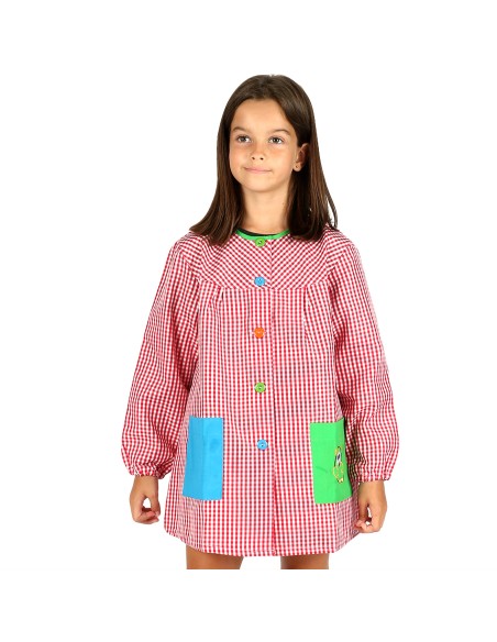 Bata Escolar Infantil, Baby Infantil de Cuadros Pequeños + Bolsa y Mochila Escolar para Llevar Fiambreras