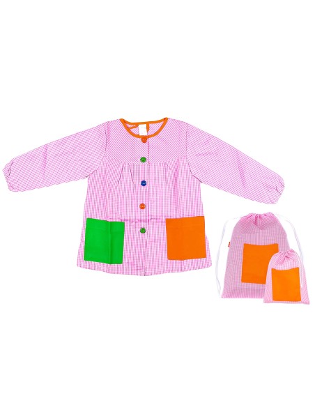 Bata Escolar Infantil, Baby Infantil de Cuadros Pequeños + Bolsa y Mochila Escolar para Llevar Fiambreras