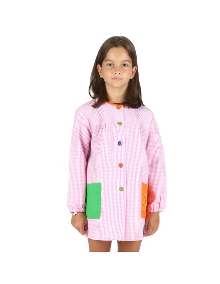 Bata Escolar Infantil, Baby Infantil de Cuadros Pequeños + Bolsa y Mochila Escolar para Llevar Fiambreras