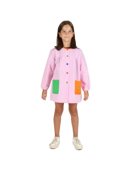 Bata Escolar Infantil, Baby Infantil de Cuadros Pequeños + Bolsa y Mochila Escolar para Llevar Fiambreras