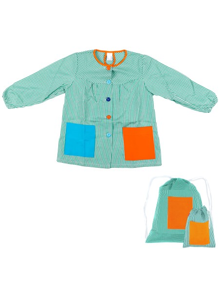 Bata Escolar Infantil, Baby Infantil de Cuadros Pequeños + Bolsa y Mochila Escolar para Llevar Fiambreras