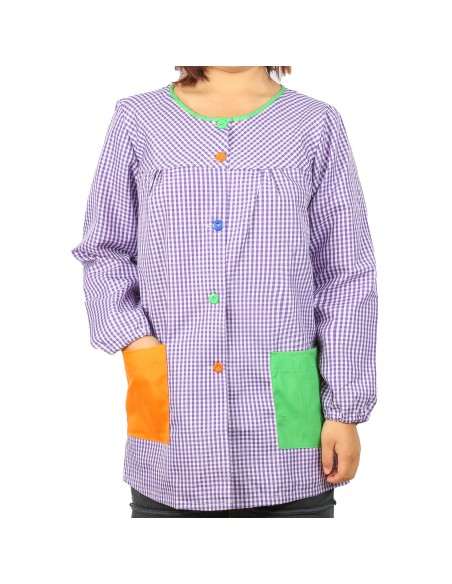 Bata Profesora Babi Profesora Bata Escolar Adulto de Cuadros Unisex Manga Larga