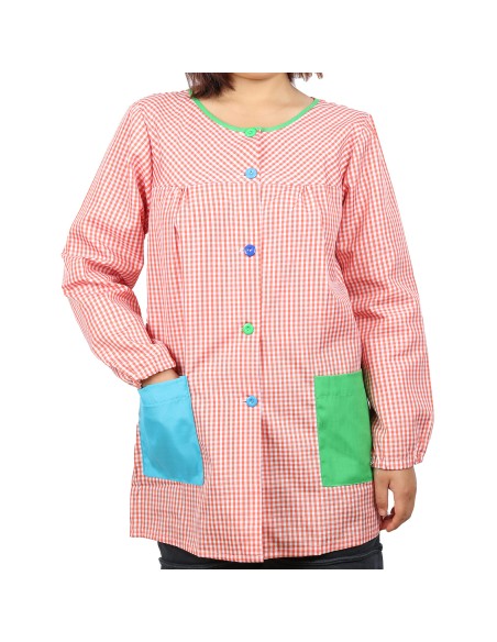 Bata Profesora Babi Profesora Bata Escolar Adulto de Cuadros Unisex Manga Larga