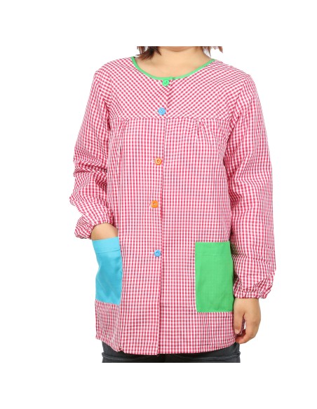Bata Profesora Babi Profesora Bata Escolar Adulto de Cuadros Unisex Manga Larga