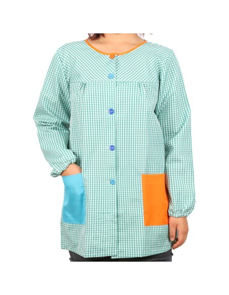 Bata Profesora Babi Profesora Bata Escolar Adulto de Cuadros Unisex Manga Larga