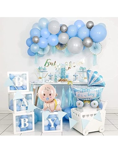 Baby Shower Decoración,Owinus Baby Shower Niño Globos de Baby Shower:Baby Boy,Globos de Látex Azul Gris Plata.