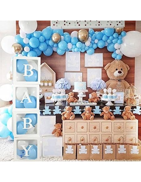 Cajas para bebés JOYYPOP con letras para baby shower, 4 cajas de globos  transparentes con 16 letras para cumpleaños de niños y niñas, decoraciones  que revelan el género y fiesta de bodas (blancas)