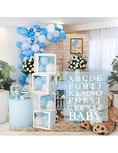 Cajas de globos para decoración de baby shower - 4 piezas de cajas transparentes blancas para bricolaje con 30 letras BABY + 