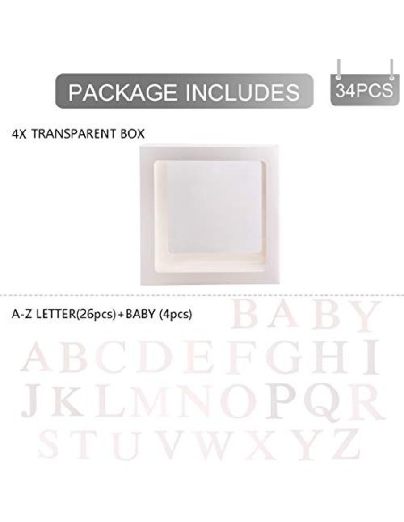 Cajas de globos para decoración de baby shower - 4 piezas de cajas transparentes blancas para bricolaje con 30 letras BABY + 
