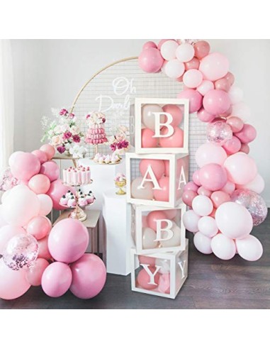 Cajas de globos para decoración de baby shower - 4 piezas de cajas transparentes blancas para bricolaje con 30 letras BABY + 
