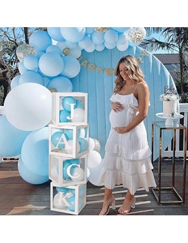 Cajas de globos para decoración de baby shower - 4 piezas de cajas transparentes blancas para bricolaje con 30 letras BABY + 