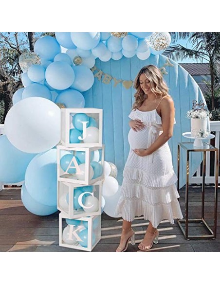 Cajas de globos para decoración de baby shower - 4 piezas de cajas transparentes blancas para bricolaje con 30 letras BABY + 