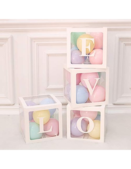 Cajas de globos para decoración de baby shower - 4 piezas de cajas transparentes blancas para bricolaje con 30 letras BABY + 