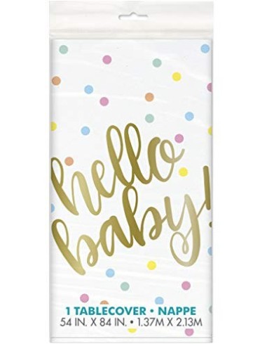 Unique Party - Mantel de Plástico - 2,13 m x 1,37 m - Diseño de Baby Shower de Oro Hello Baby  73523 