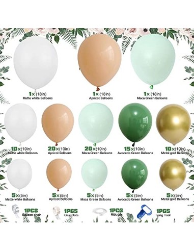 Arco Para Globos Guirnalda Globos,Guirnalda Cumpleaños,Verde Aguacate Blanco Dorado Látex Hinchador Globos Kit de Arco 103 pi