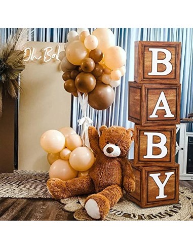 Caja de decoración para baby shower para niños o niñas, 4 cajas de globos de grano de madera con letra BABY para baby shower,