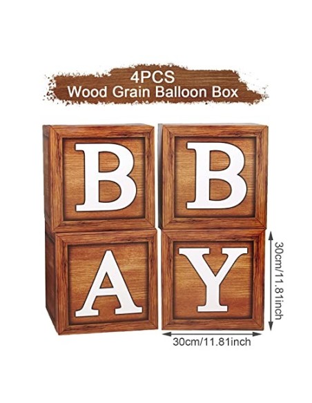 Caja de decoración para baby shower para niños o niñas, 4 cajas de globos de grano de madera con letra BABY para baby shower,