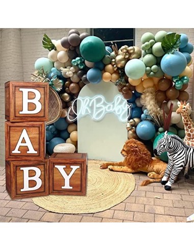 Caja de decoración para baby shower para niños o niñas, 4 cajas de globos de grano de madera con letra BABY para baby shower,