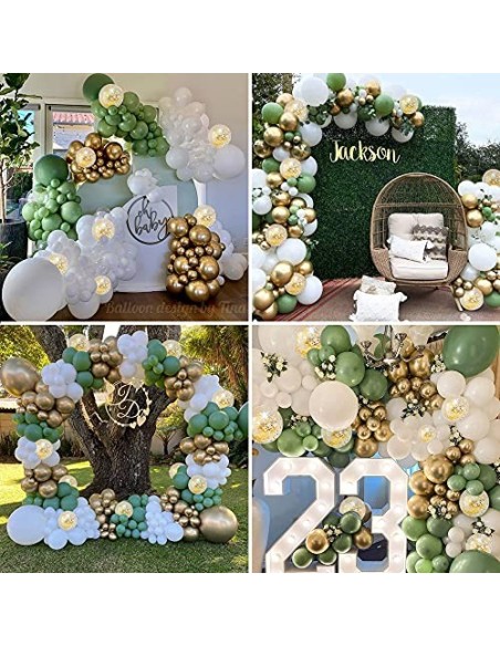 TOLOYE Guirnalda Globos Cumpleaños Verde Salvia, Arcos de Globos Safari Selva Tropicales con Globos Cumpleaños Oro Blanco Glo