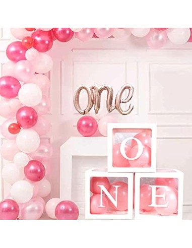 HOWAF Cajas de globos de primer cumpleaños para niño, 3 unidades, color blanco, transparente, con una letra para primer cumpl