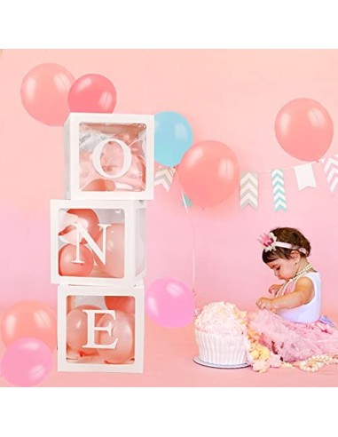 HOWAF Cajas de globos de primer cumpleaños para niño, 3 unidades, color blanco, transparente, con una letra para primer cumpl