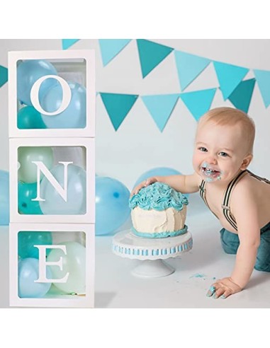 HOWAF Cajas de globos de primer cumpleaños para niño, 3 unidades, color blanco, transparente, con una letra para primer cumpl