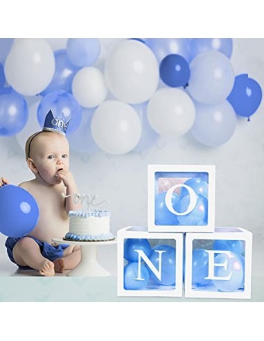 HOWAF Cajas de globos de primer cumpleaños para niño, 3 unidades, color blanco, transparente, con una letra para primer cumpl