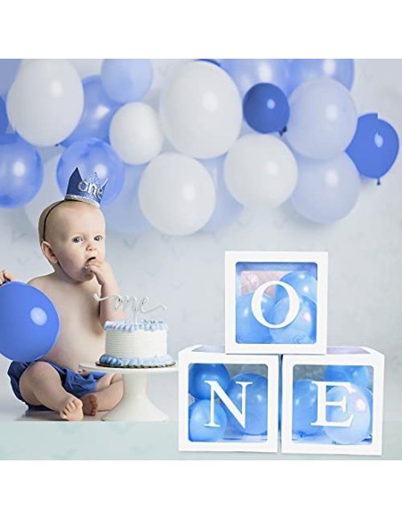 HOWAF Cajas de globos de primer cumpleaños para niño, 3 unidades, color blanco, transparente, con una letra para primer cumpl