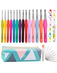 Agujas de Ganchillo, 14 Pzs ErgonóMico Suave Antideslizante Mangos De Goma Juego De Agujas De Tejer con Estuche, Ideal para C